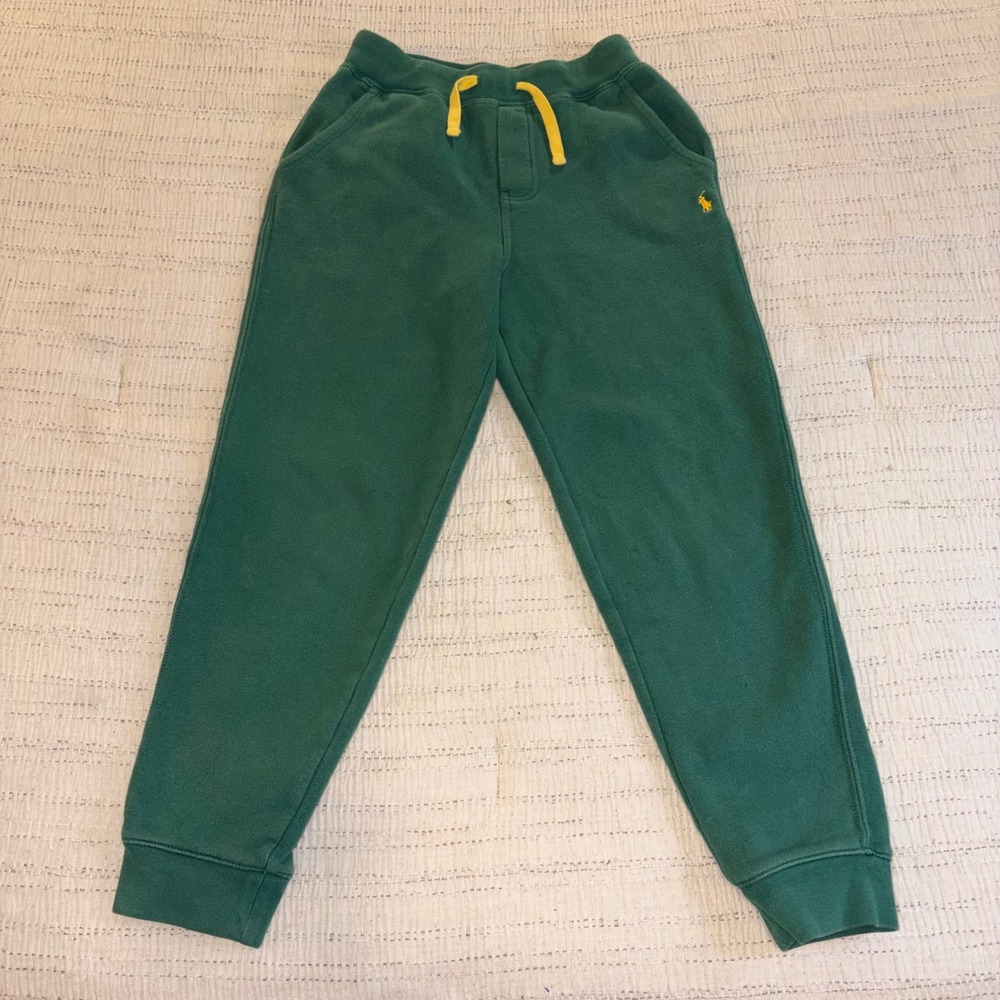 Polo Ralph Lauren Kids Green Fleece Joggers Yellow Pony Logo Size M 10-12